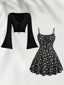 Summer Sun Protection Long Sleeve Flared Shirt, Pure Color Elegant, Sweet Floral Front Tie Waist Dress Set