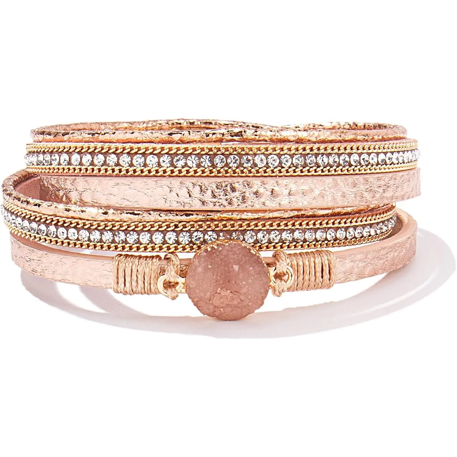 Boho Leather Wrap Bracelet for Women, Resin Bangle with Druzy Quartz Stone, Convertible Statement Jewelry with Magnetic Clasp, Resin Bangle Bracelet, Stackable Bracelets