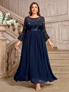 MISSMAY P84139A Plus Size Elegant Floral Sequin Lace Flared Sleeve Chiffon Flowy Ruched Hem Formal Evening Cocktail Prom Party Long Dress, New Year Dress, Winter Dress, Wedding Guest Dress, For Birthday, Graduation, Formal Events, Dinner, Festivals, Maxi