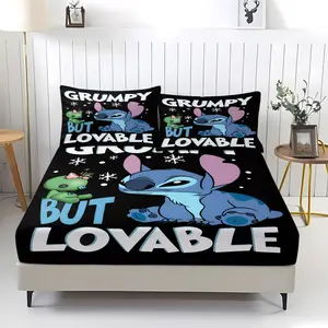 Stitch pattern printed bedsheet, including 1 bedsheet and 2 pillowcases, anti slip dust cover suitable for bedrooms and guest rooms, suitable for personal use or gift giving