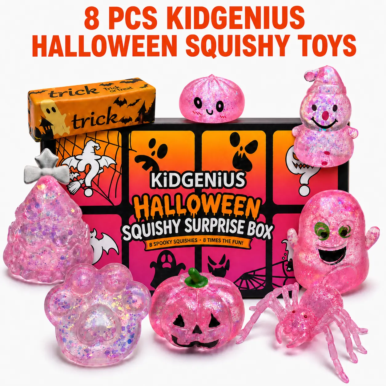 KIDGENIUS Pink 8-Piece Set Box Malt Sugar Stress Relief FidgetToys, Sensory Bundle, Creative Slow-ReturnSquishy, Party Gift, 8 Different Styles