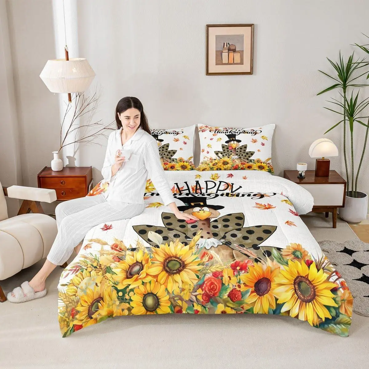 Happy Thanksgiving Kids Comforter Set,Cartoon Turkey Sunflowers Bedding Set,Girls Boys Adults Room/Cabin Decor,Fall Maple Leaves Down Comforter,Rustic Farm Duvet Insert
