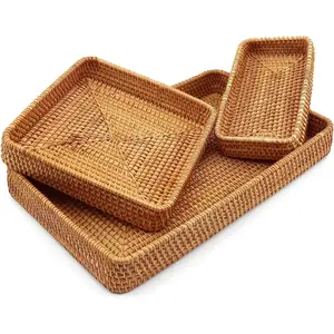 Rattan Serving Tray Set of 3, Rectangle Wicker Storage Baske house  organizers Decorative Brown