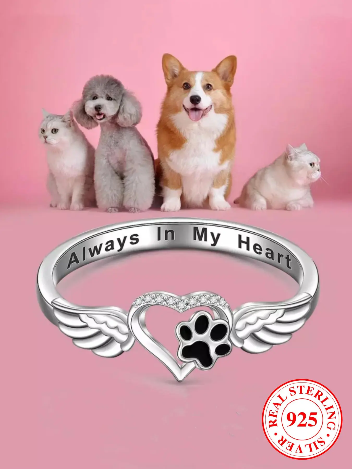 S925 Sterling Silver Cute Dog Paw & Wing Design Statement Rings, Elegant Engagement Promise Ring Wedding Promise Band for Women & Girls, Fashion All-match Jewelry for Daily Decor As Gift Heart Signet Ring
