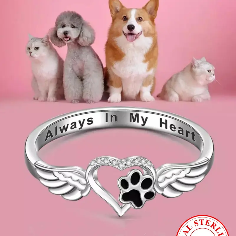 S925 Sterling Silver Cute Dog Paw & Wing Design Statement Rings, Beautiful Rings, Elegant Engagement Promise Ring Wedding Promise Band for Women & Girls, Fashion All-match Jewelry for Daily Decor As Gift Heart Signet Ring