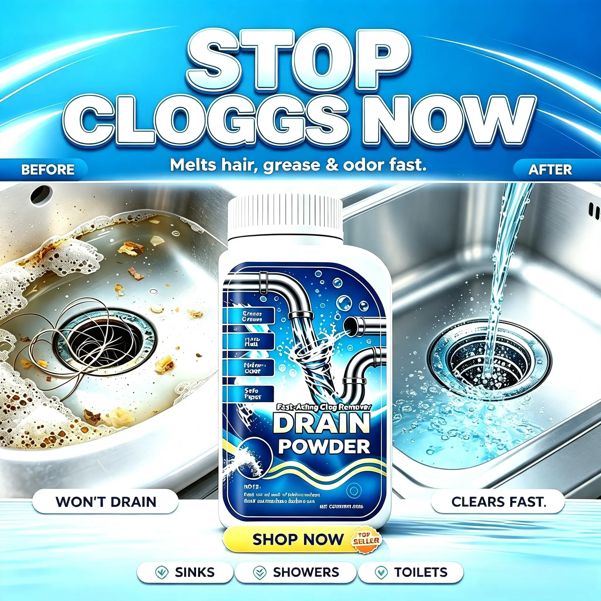 1/2/3/4/6/12 pcs of Powerful Pipe Cleaning Agent - Drain CleaningTool, Household Kitchen Cleaner, 99% Bacteria-Killing Solution, Odourless, Pipe-Safe, High-TempCompatible, Dissolves 200+ Blockages