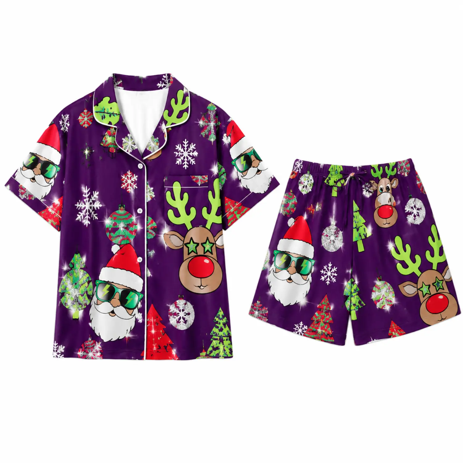 Christmas Santa & Reindeer Print Purple Short-Sleeve Pajama Set with Button-Front Sleep Shirt and Shorts