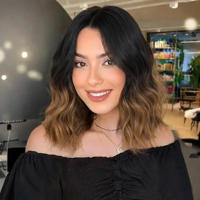 [AISI HAIR] Short Wavy Bob Wig for Women, 14 Inch Ombre Brown HD Lace Front Glueless Synthetic Heat Resistant Hair for Everyday, Dating, Parties & Weddings, Natural Look, Adjustable Cap.
