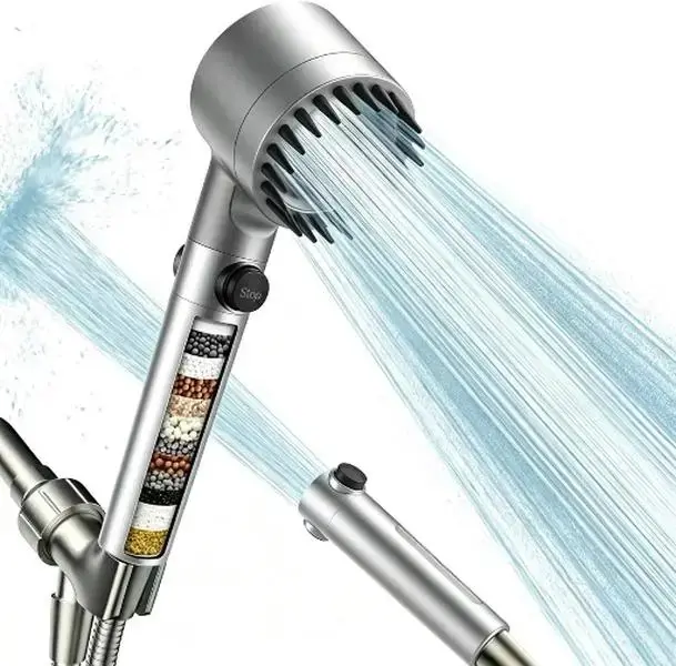 Silver Filtered Handheld Shower Head with ON/OFF Switch, Multi-Mode, High Pressure Turbo Flow, Chlorine Filter, Power Wash for Hard Water, Detachable Bendable ABS Plastic Bathroom Shower Accessory Massage Handheld Shower