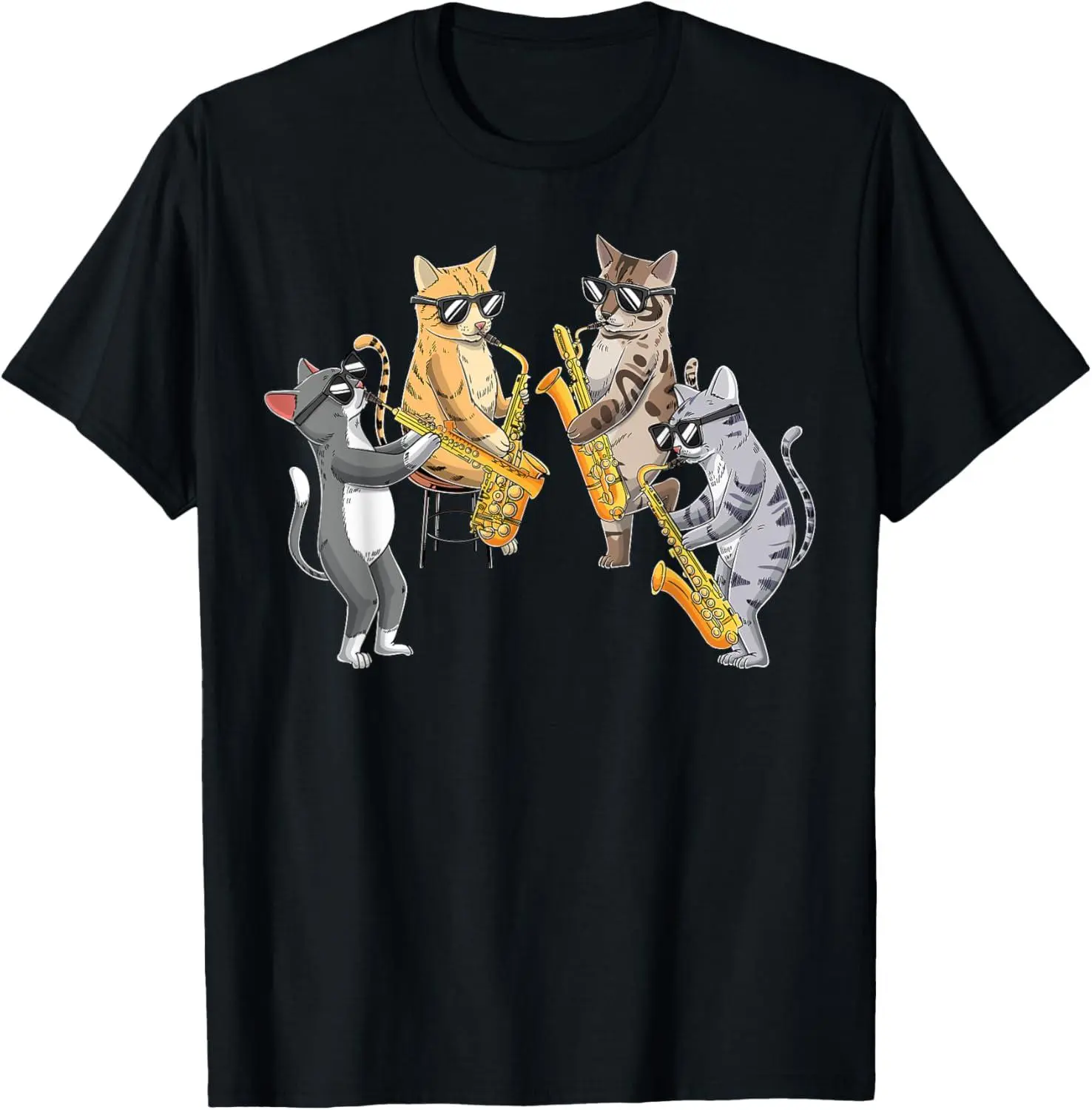 Women's 100% Cotton Fabric Round-Neck Short-Sleeve Casual Streetwear Top, Natural Color Unisex Cats Playing Saxophone Jazz Musician Graphic T-Shirt