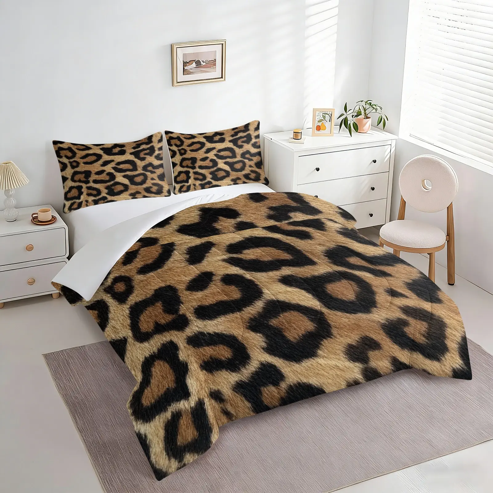 2/3pcs Classic Leopard Print Comforter Set Full , Animal Pattern Quilt Bedding Set  with Pillowcases, Faux Fur Effect Bedspread, Soft Microfiber Lightweight, All-Season Safari Style Bedroom Decor for Teens & Adults