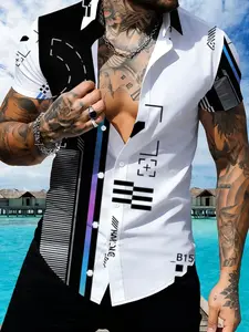 Men's Black White Color Block Geometric Print Gradient Short Sleeve Casual Shirt