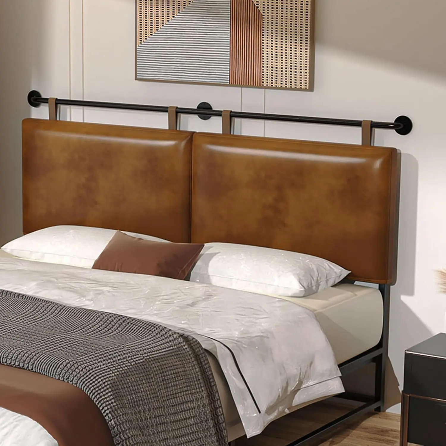 BSHOMGI King/Queen Size Wall-Mount PU Leather Headboard - Industrial Pipe Design, Adjustable, Easy Install Modern Bedroom Bed Backboard (Brown, Headboard Only)