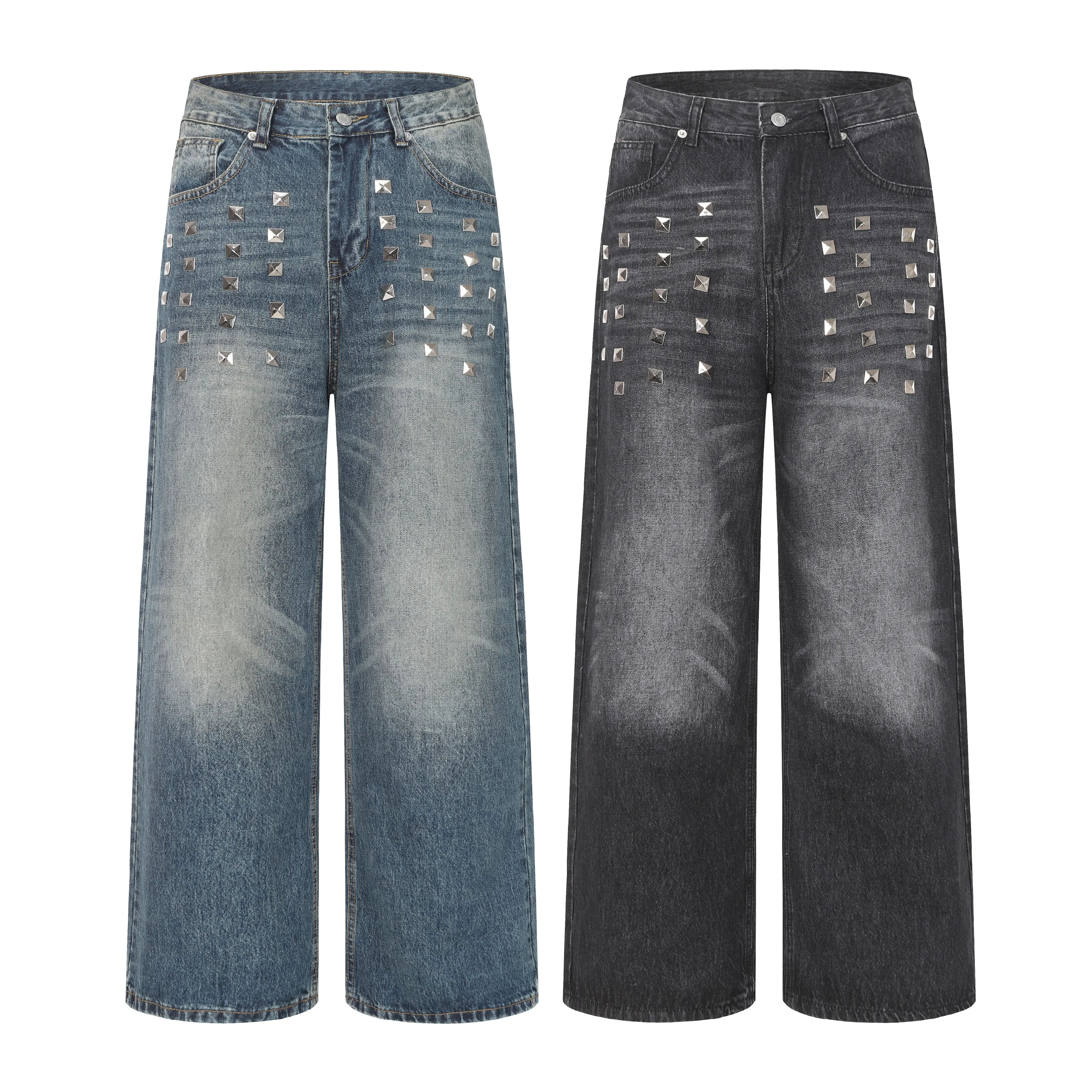 Inflation-themed viral studded wide-leg jeans for men | Y2K streetwear baggy denim
