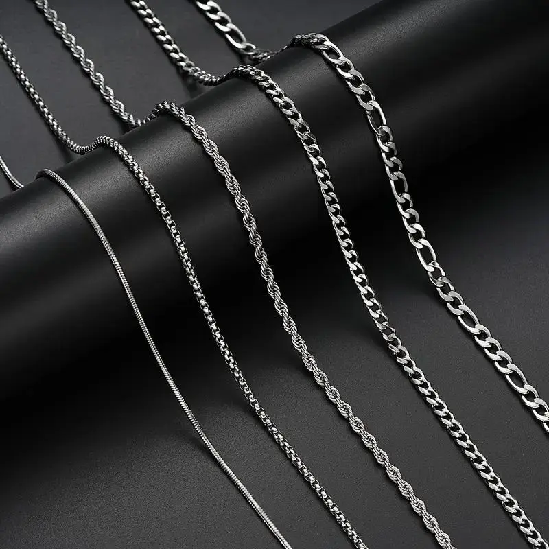 Hermah 5 Piece Set 1.5/2/3/5mm Round Snake Box Rope Cuban Figaro Necklace For Men Women Link Chain Stainless Steel Necklace Fashion Jewelry Sets