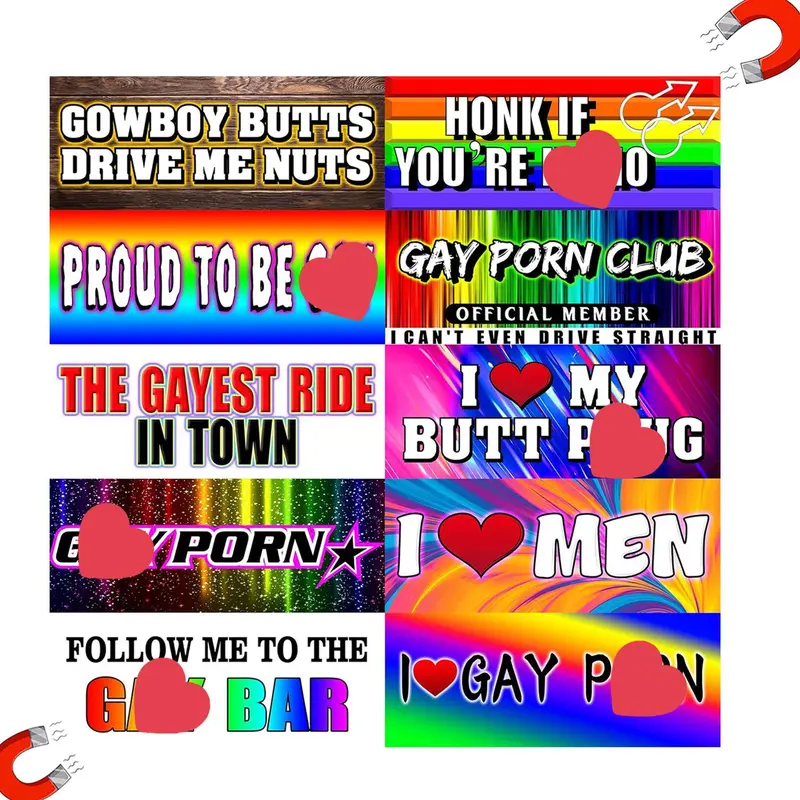 10PCS Water Resistant LGBT Rainbow Pride Prank Magnetic Bumper Stickers - 10 Fun Designs, 7.8x3.1 Inch Reusable Automobile Decals, Cool Car Decoration, Funny Truck Accessories for Adults’ Vehicles, Fridges