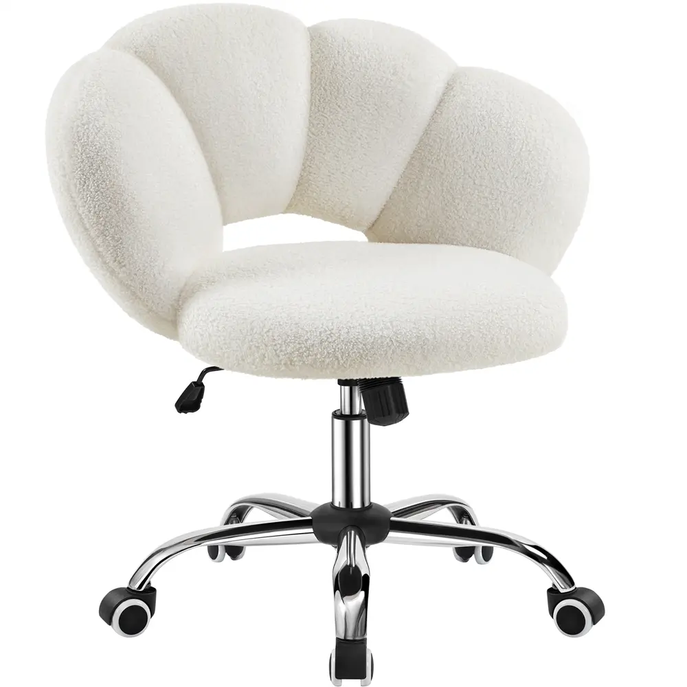 Yaheetech Modern Boucle Upholstered Swivel Desk Chair, Rolling Makeup Vanity Chair with Cloud-Shaped Backrest, Adjustable Seat Height for Bedroom Home Office, Swivel Chair