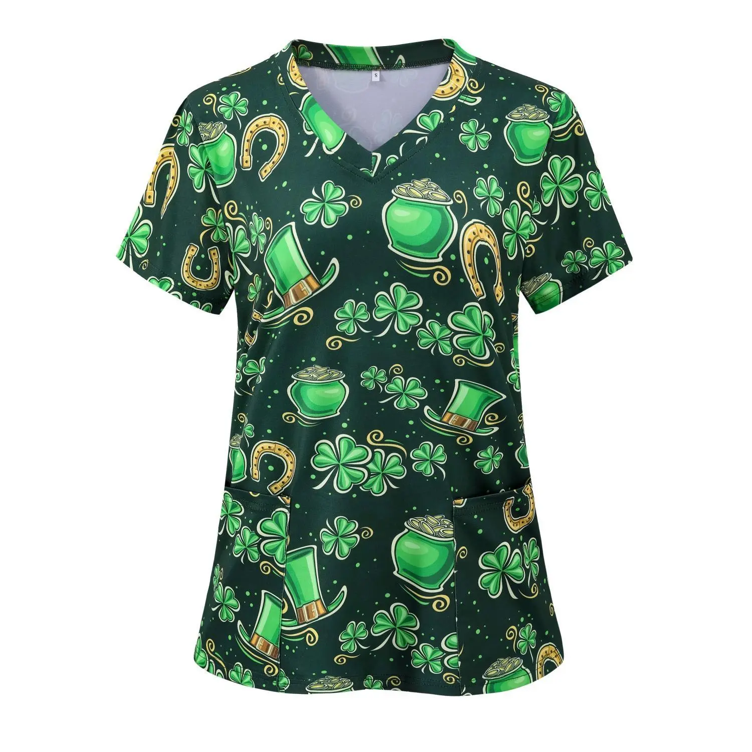 St. Patrick's Day Women's T-Shirt - Lucky Clover & Golden Pot Design, V-Neck Short Sleeve with Patch Pockets, Slim Fit, Machine-Washable Festive Wear, Soft Texture Casual Apparel