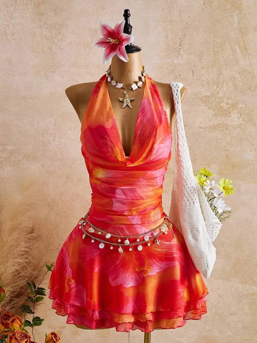New Spring/Summer Women's Fashion Sexy Printed Dress - Plunging Neckline Design - Waist Cinching Ruched Design - Ruffle Hem Design - Vacation - Beach