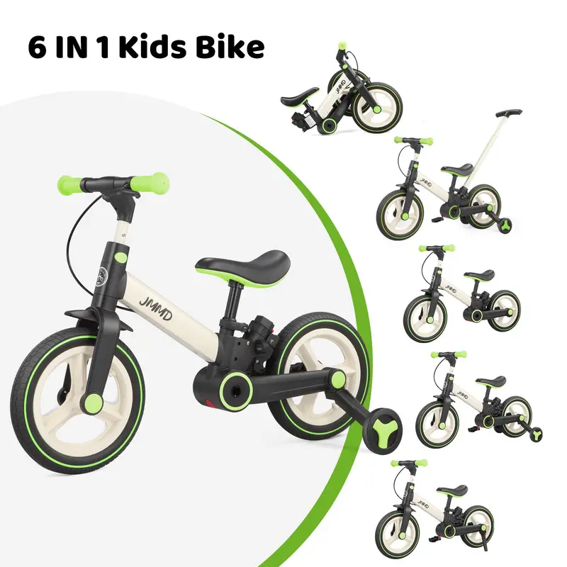 JMMD 6-in-1 6-Mode Learning Toddler Tricycle - Foldable Steel Frame, Rubber Wheels, Tool-Less Setup & Folding, Pedals, Training Wheels, Push Handle, Brakes, Kickstand, Adjustable Seat Height, 18-60 Months Unisex Outdoor Ride-On Toy, First Birthday Gift