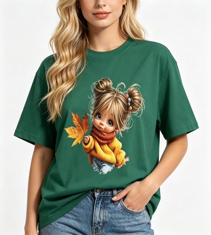 Women's Fitted Green Casual Graphic Tshirt - Cute Girl & Maple Leaf Print, Comfortable Breathable Fabric, Cozy Autumn Top