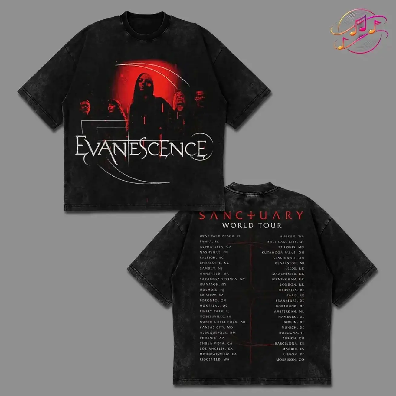 Evanescence - Sanctuary World Tour 2026 For Evanescence Concert Outfit High-quality Acid Washed Cotton T-Shirt, Streetwear Style Shirt Rock Band Shirt, Sanctuary Album Merch, Amy Lee Evanescence Rock Fan Graphic Tee, For Rock Lover QRD 68S