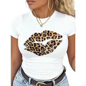 Lady's Cotton Short-Sleeve Round Neck T-Shirt - Leopard Print Lips Design, Casual Trendy Summer Fabric Top, for Streetwear, Date Night