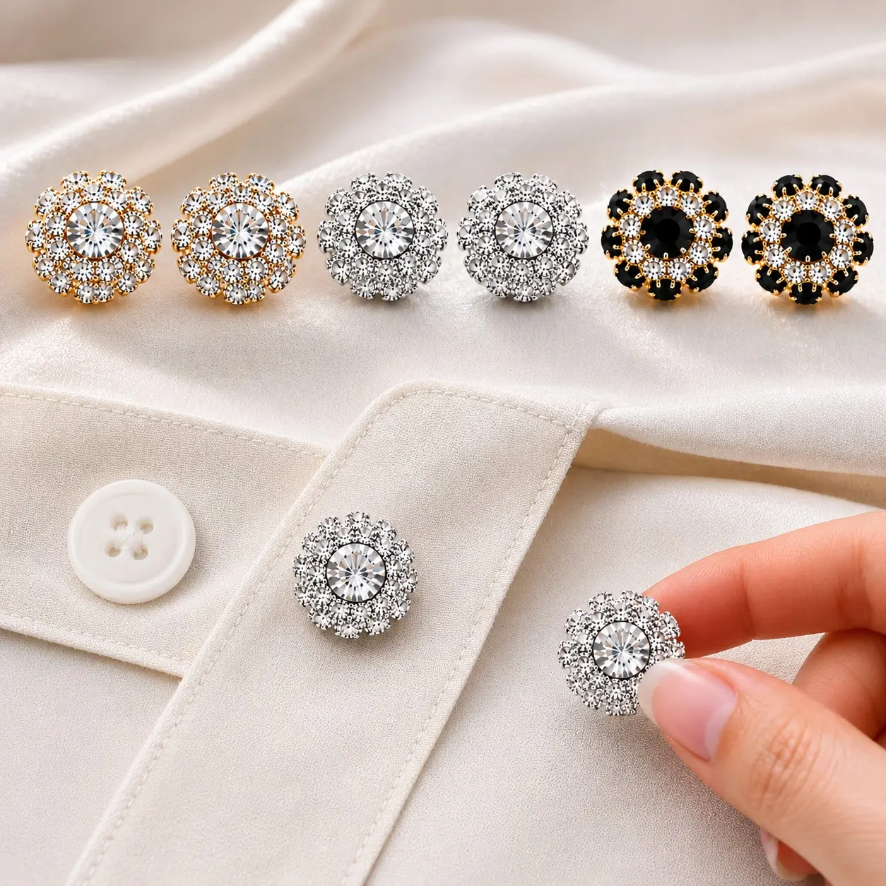 6PCS Metal Crystal Rhinestone Decorative Shirt Buttons, Detachable No-Sew Button Clips for Clothing, Shirts & Sweaters, Reusable Clothing Decoration Accessories for Women & Men, Fake Buttons