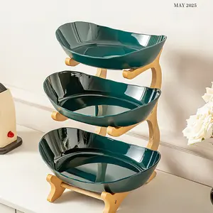 Large Capacity Layered Fruit Basket, Three-Tier Bamboo Stand Display Rack, Kitchen Countertop Storage for Fruits Snacks Nuts Bread Candy