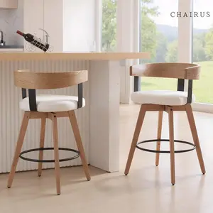 26" Swivel Bar Stool, Counter Height Bar Stool with Footrest Modern Linen Barstool with Upholstered Seat for Kitchen Island Home Bar, White
