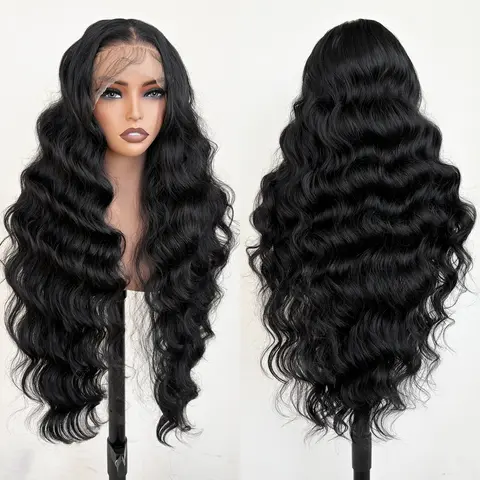 FABÉLLE 32Inch Synthetic Wavy Pre Plucked with Baby Hair Synthetic Fiber Free Part 13*6 Transparent Lace Frontal Wigs Body Wave Wig For Women Natural Looking Glueless Heat Resistant Wear And Go Fit Wig