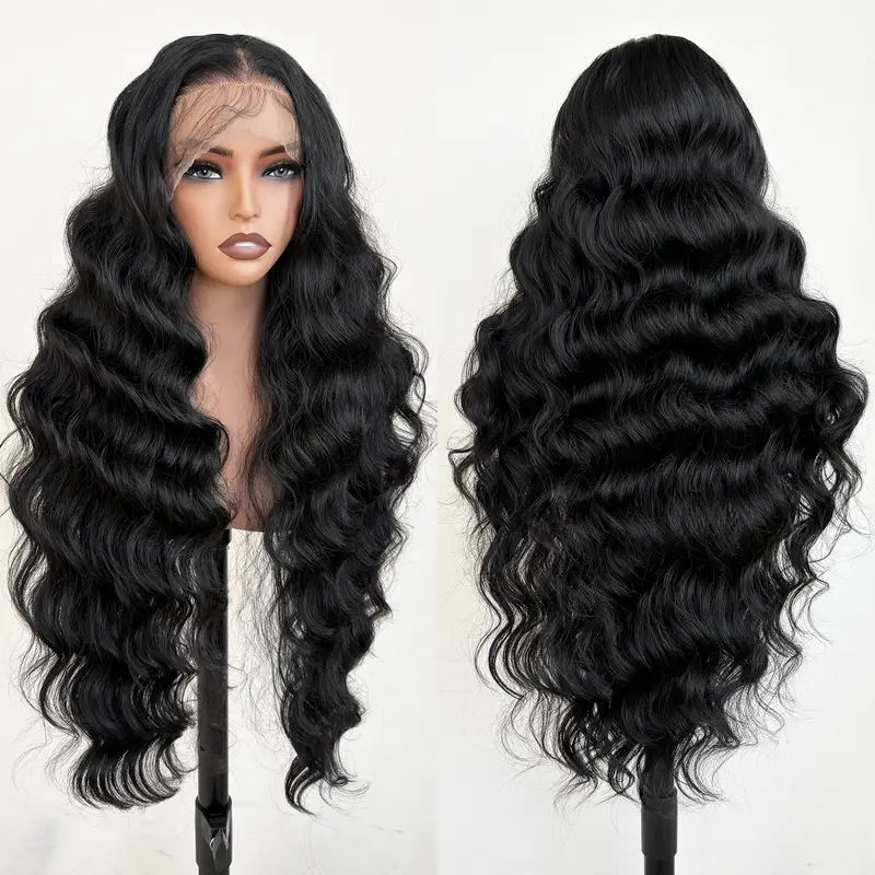 FABÉLLE 32Inch Synthetic Wavy Pre Plucked with Baby Hair Synthetic Fiber Free Part 13*6 Transparent Lace Frontal Wigs Body Wave Wig For Women Natural Looking Glueless Heat Resistant Wear And Go Fit Wig
