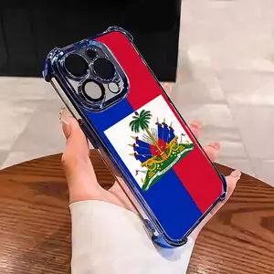 Classic design of the Haiti Flag Pattern Red Blue Collage Suitable for Aesthetic Electroplated TPU Casing for iPhone 11-17 Pro Max Samsung S22-S26 Ultra Four Conners Anti-Fall Transparent Casual Soft Silicone Phone Case GM3014
