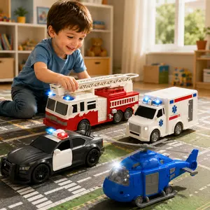 Thrilling 4-Pack Emergency Vehicles Set for Kids Helicopter Police Car Fire Truck Ambulance Friction Powered Toys Gifts for Age 3-12