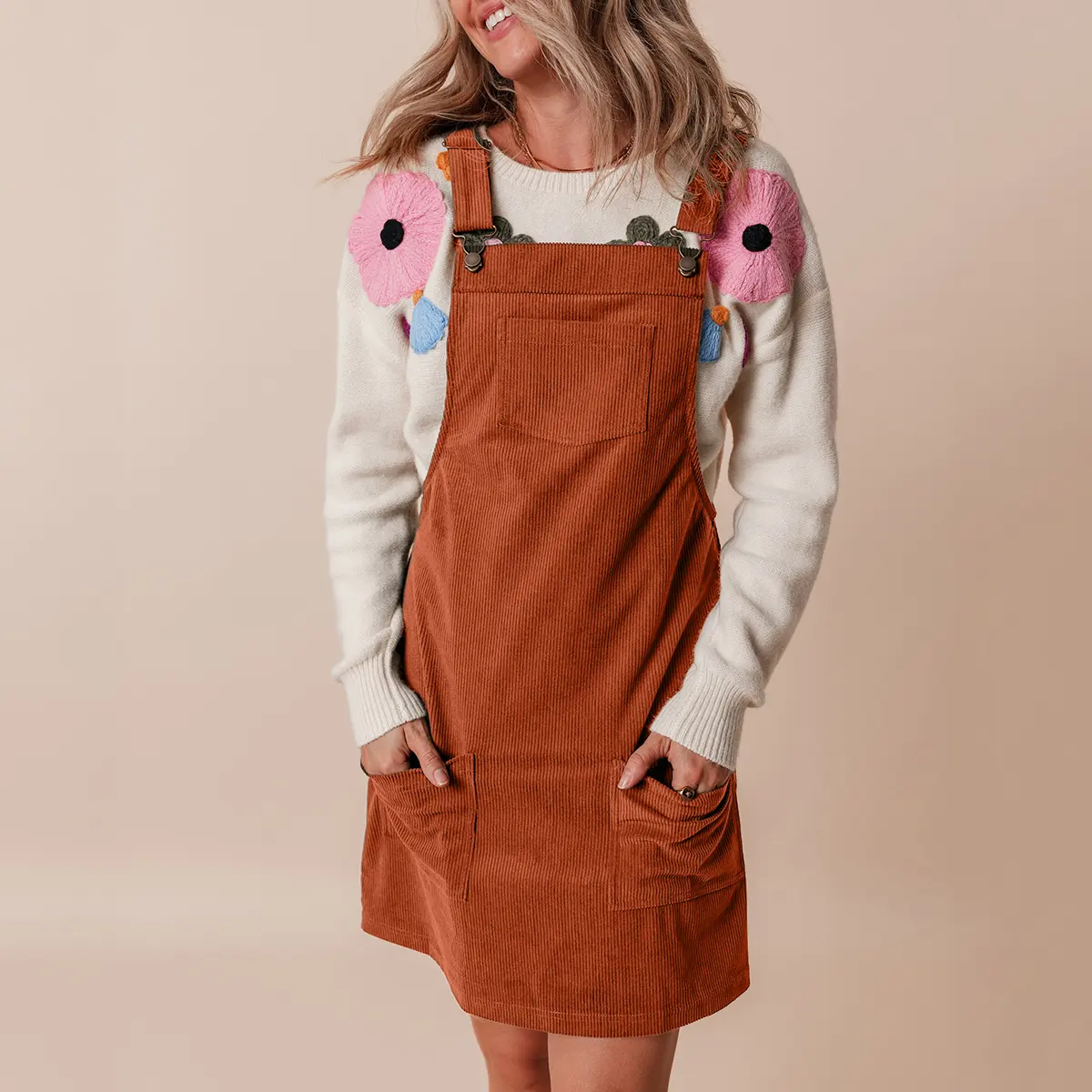 Women's Chic Corduroy Mini Overall Dress, Solid Sleeveless Square Neck with Pockets, Polyester for All-Day Comfort, Comfortable, Fabric, Soft, Elegance, Style, Casual Chic