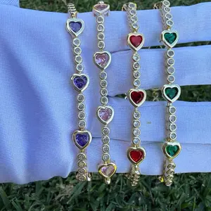 Heart Charm Bracelet 7” with Rhinestones in Gold Tone Colorful Stones for Women's Fashion Jewelry Elegant Design