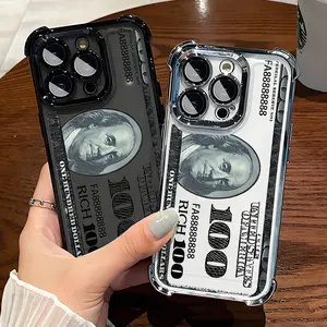 Funny 100 Dollar Bill with Rich Cash Design Phone Case , Electroplated Cover with Airbag Shockproof Slim Soft TPU Cover for iPhone X 11 12 13 14 15 16 17 Pro Max Plus Air