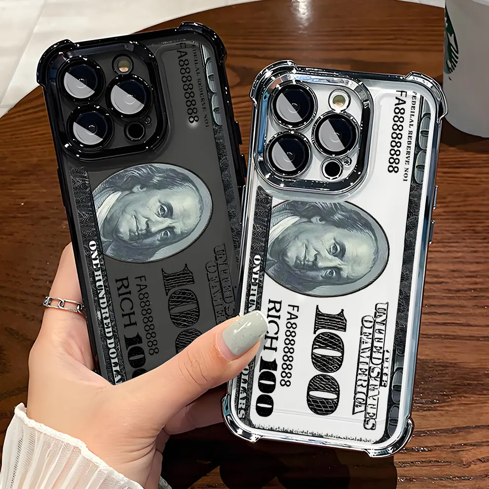 Funny 100 Dollar Bill with Rich Cash Design Phone Case , Electroplated Cover with Airbag Shockproof Slim Soft TPU Cover for iPhone X 11 12 13 14 15 16 17 Pro Max Plus Air