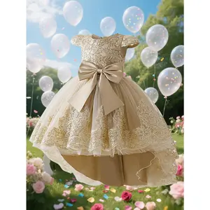 Girls' Champagne Golden Party Dress with Intricate Embroidery & Large Bow - Sleeveless Round Neck Mid-Length Formal Gown Weddings, Birthdays, Occasions, Princess Dress, Guest Attire, Craftsmanship