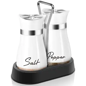 Salt & Pepper Shaker Set with Holder, 1 Set 4oz Salt Shaker with Stainless Steel Lid, Seasoning Utensils for Kitchen Cooking BBQ, Housewarming Gift