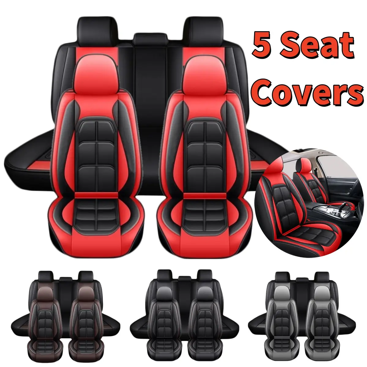 3D Muscle Style Car 5 Seats Covers Full Set, PU Leather Front Rear Cushion Protector Pad Mat Universal, Non-Slip Soft Touch Waterproof for All Seasons