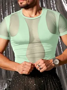 INCERUN Men's Fashion Casual Streetwear Deconstructed Patchwork Transparent Short Sleeve T-Shirt, Perfect for Daily Wear, Stylish and Comfortable, Menswear Top