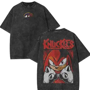 Retro Limited Knuckles the Echidna Graphic Tees T-Shirts, Sonic Movie Cartoon Unisex Oversized Heavyweight Cotton Wash Tee, Casual Comfort YJT