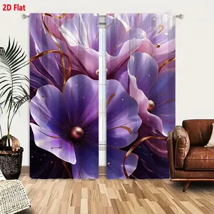 2D Flat  Hot 2 - Piece Curtain Set, Stylized Glossy Purple & Lilac Flowers with Golden Veins, Pearl - Centered Floral Pattern, Dark Background Dreamy Ethereal Design, Blackout/Light Filtering Curtains for Bedroom Living Room Decor