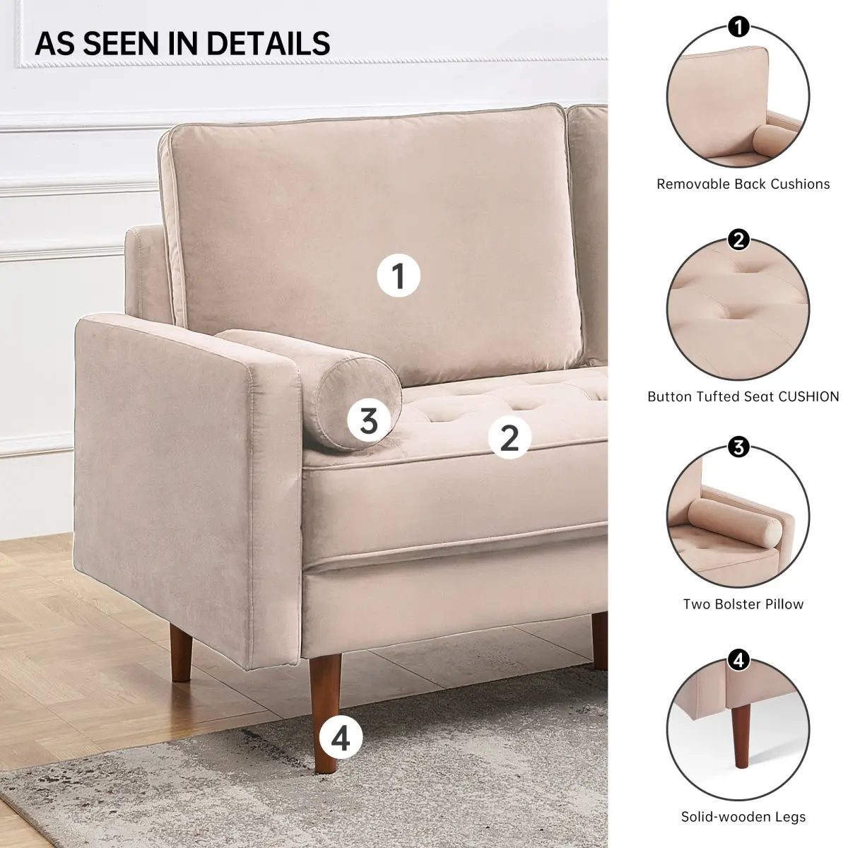 American Furniture Classics SS2788V-BG3S 69 in. OS Home & Office Furniture Wide Upholstered Two Cushion Sofa with Bolster Pillows, Beige Velvet