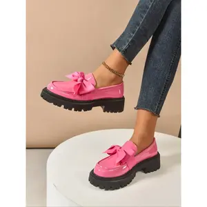 Women's Fall New Style Loafers, Large Size French-English Bow Round Toe Thick Sole Retro Leather Shoes, One-Piece Slip-On Design, Bowknot Design Loafers(Sheets)