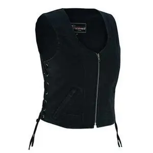 Womens Black Denim V Neck with Zipper & Side Laces Motorcycle Vest