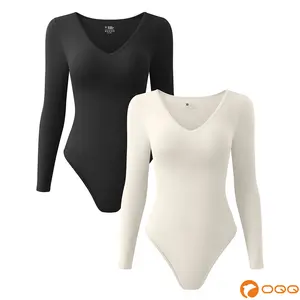 OQQ Women's 2 Piece Ribbed Bodysuit Sexy V Neck Long Sleeve Womenswear Comfort Basic