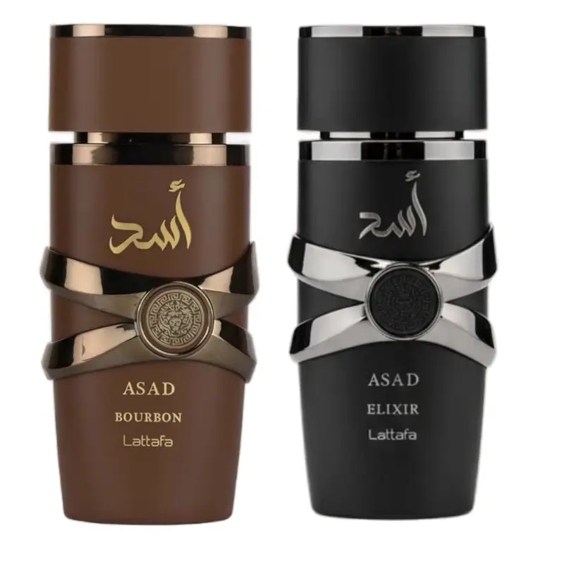 Lattafa Asad Elixir + Asad Bourbon Unisex EDP 100ml Spray Multi-Pack - Limited Edition Signature Scent, Vanilla Scents, Bold Smoky, Warm Sophisticated Notes, Cruelty Free, 24 Months Shelf Life, Ideal for Gifting, Smoky Vanilla, Bottle, Fragrances, Gifts A