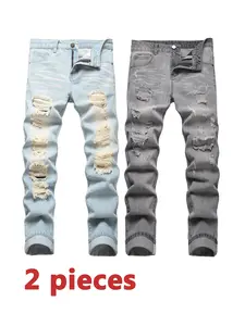 Men's Slim Fit Ripped 2 Pieces Jeans, Blue & Grey Casual Fashion Denim Pants, Fashion Straight Leg Street Style Breathable Comfy Trouser, Size 28 Jeans